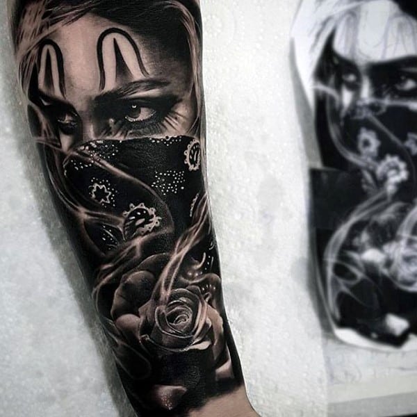 Gangster Chicano Mens Rose Flower Forearm Sleeve Tattoo