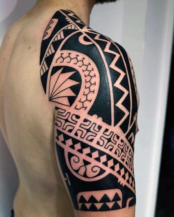 Gantleman With Black Ink Tribal Half Sleeve Tattoo Design