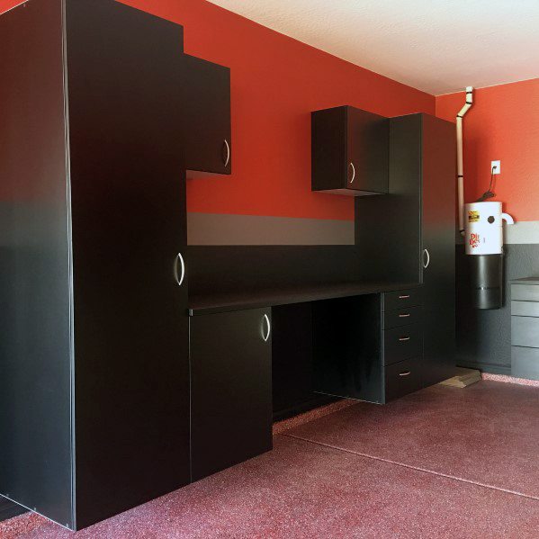 red wall black cabinets small garage 