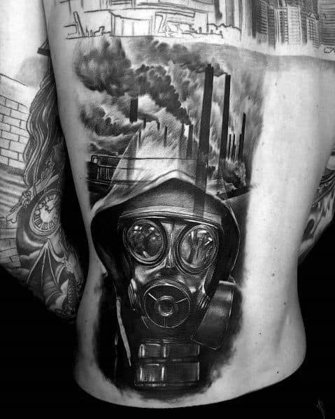 Gas Mask Factory Themed Mens Big Half Back Tattoo