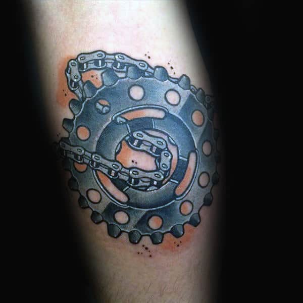 Gear And Chain Biker Mens Leg Tattoo