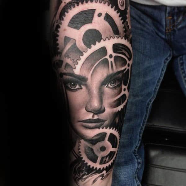 Gears With Female Portrait Inner Forearm Male Tattoos