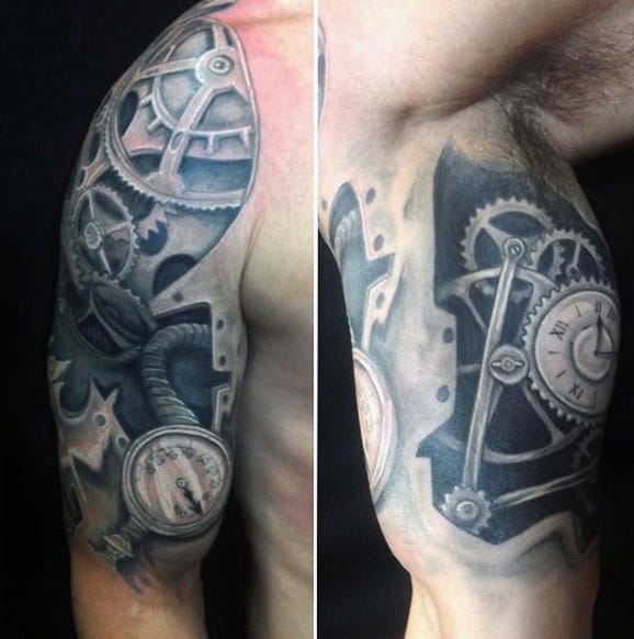 Gearwheel And Clock Steampunk Tattoos Guys Arms
