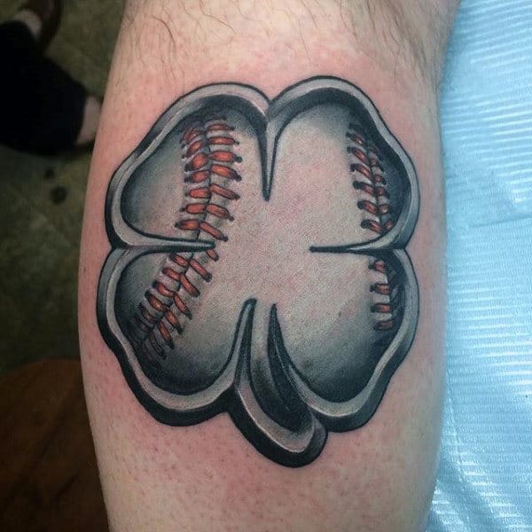 Gentleman With 3d Baseball Themed 4 Leaf Clover Tattoo On Bicep Of Arm