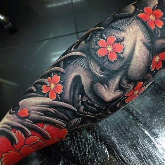 gentleman-with-3d-cherry-blossom-flower-and-demon-japanese-sleeve-tattoo