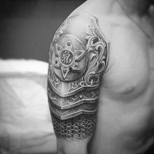 Gentleman With 3d Detailed Shaded Battle Armor Plate Arm Tattoo