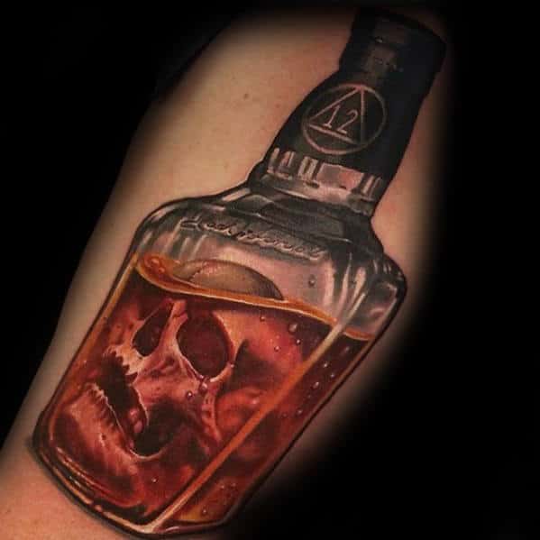Gentleman With 3d Skull In A Bottle Tattoo On Arm