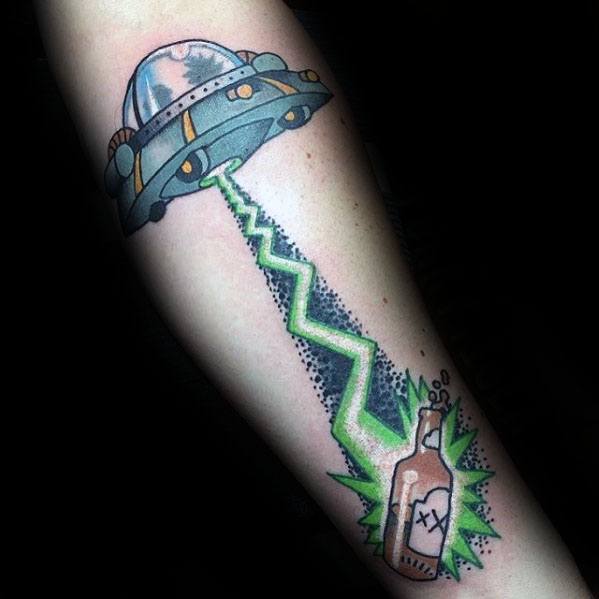 Gentleman With Alien Spaceship Rick And Morty Tattoo On Forearm