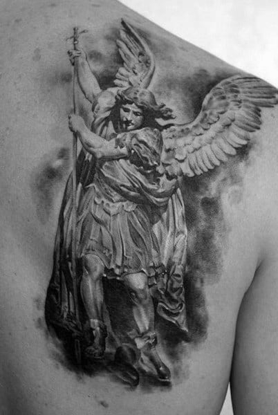 Gentleman With Angel Statue Tattoo On Back