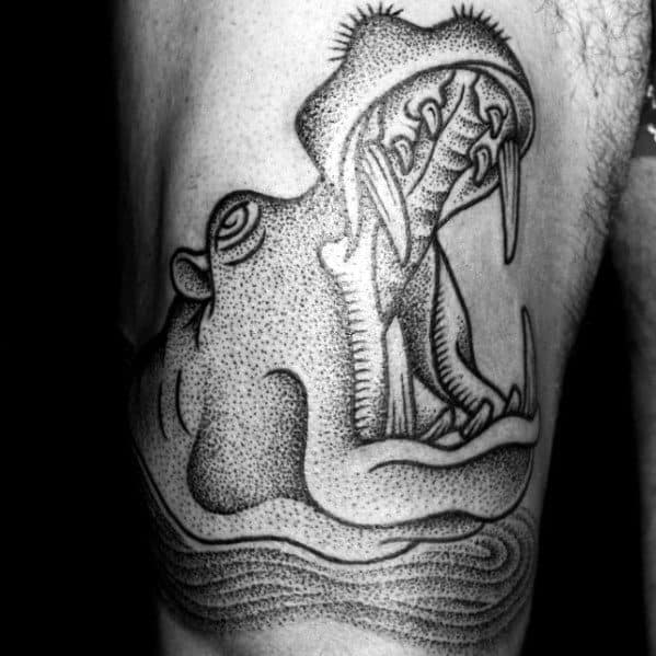 Gentleman With Angry Hippo Tattoo On Thigh