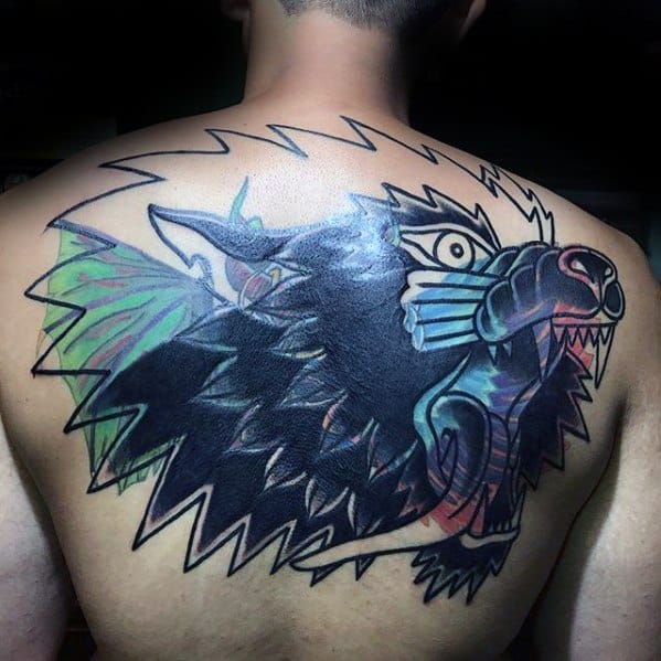 Gentleman With Angry Wolf Blast Over Upper Back Tattoo