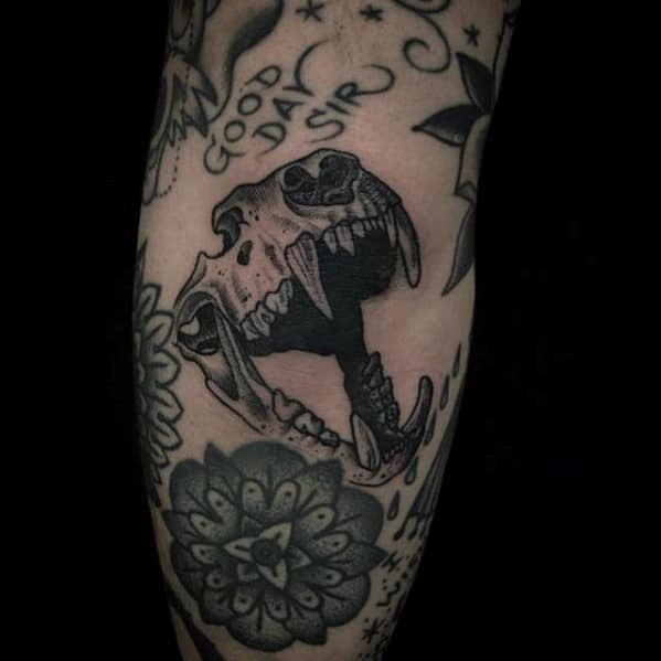 Gentleman With Animal Lion Skull Inner Arm Bicep Tattoo