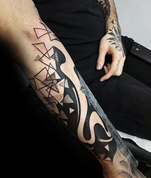 Gentleman With Artsy Black Ink Shapes Forearm Sleeve Tattoo
