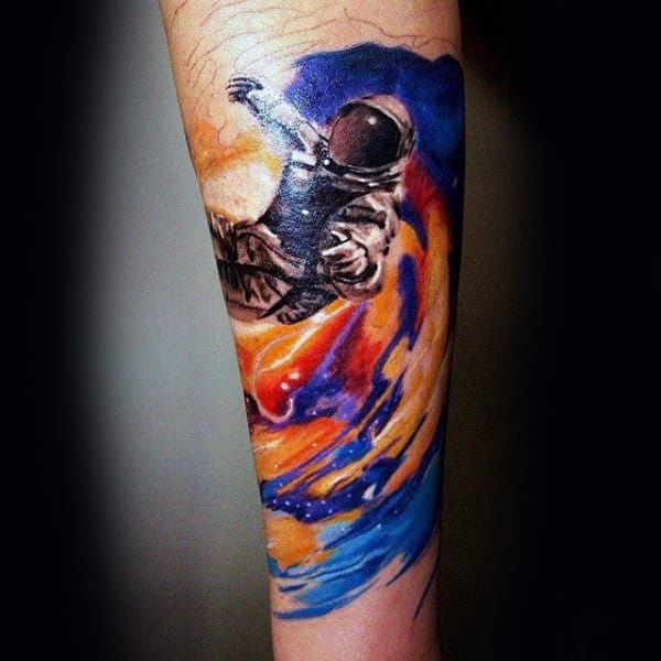 Gentleman With Astronaut Surfing Outer Space Sky Tattoo