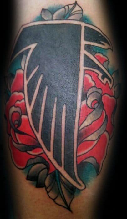 Gentleman With Back Of Leg Rose Flower Atlanta Falcons Tattoo