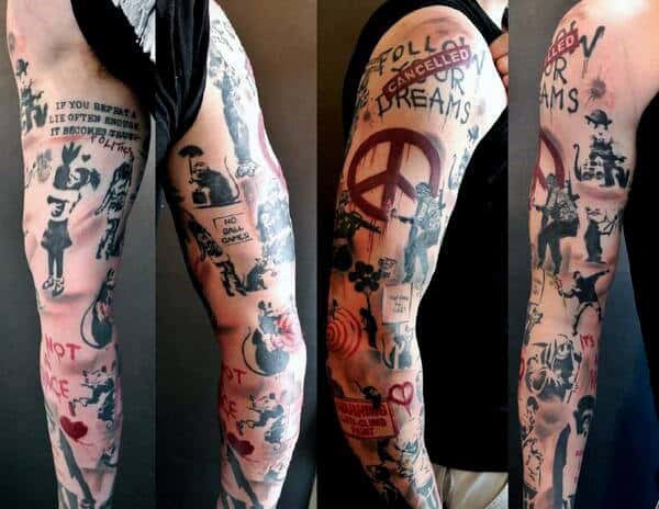 Gentleman With Banksy Themed Full Arm Tattoo Design