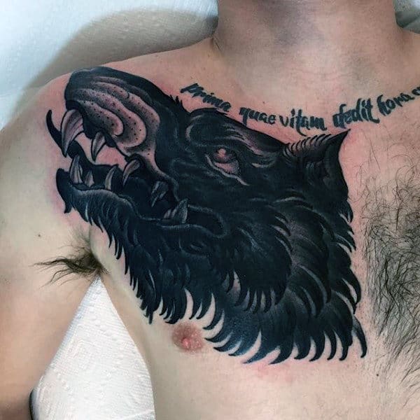 Gentleman With Black Ink Wolf Upper Chest Tattoo