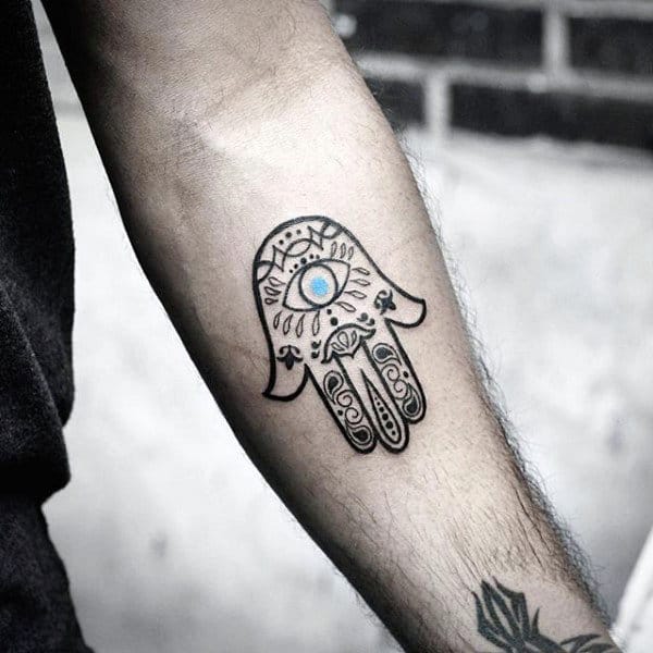 Gentleman With Blue Eye And Black Ink Hamsa Inner Forearm Tattoo