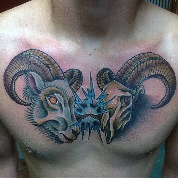Gentleman With Bucking Aries Ram Skull Chest Tattoo