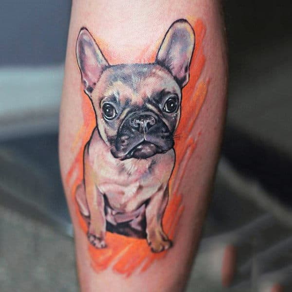 Gentleman With Bulldog Watercolor Tattoo Design On Leg Calf