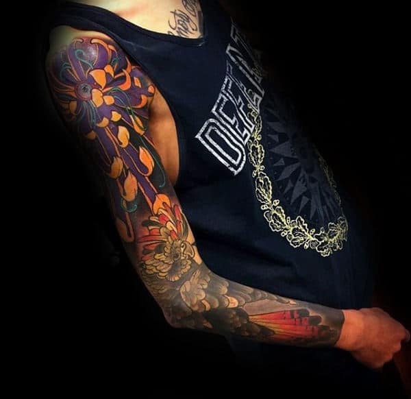 Gentleman With Chrysanthemum Full Sleeve Tattoo