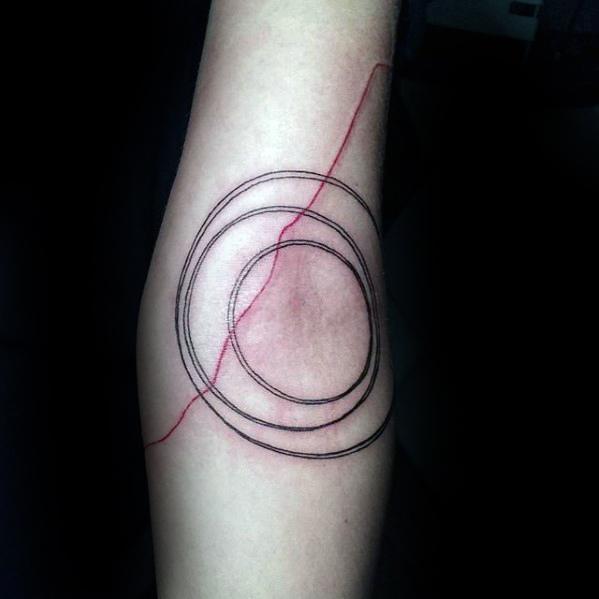 Gentleman With Circles And Red Simple Line Tattoo On Forearm