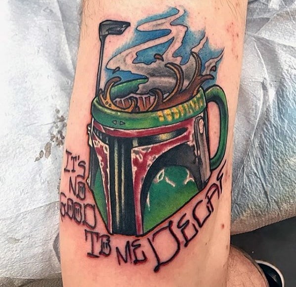 Gentleman With Coffee Cup Robot Thigh Tattoo