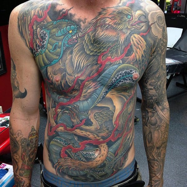 Gentleman With Colorful Full Chest Tattoo Design