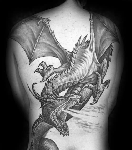 Gentleman With Cool Flying 3d Shaded Dragon Back Tattoo Design