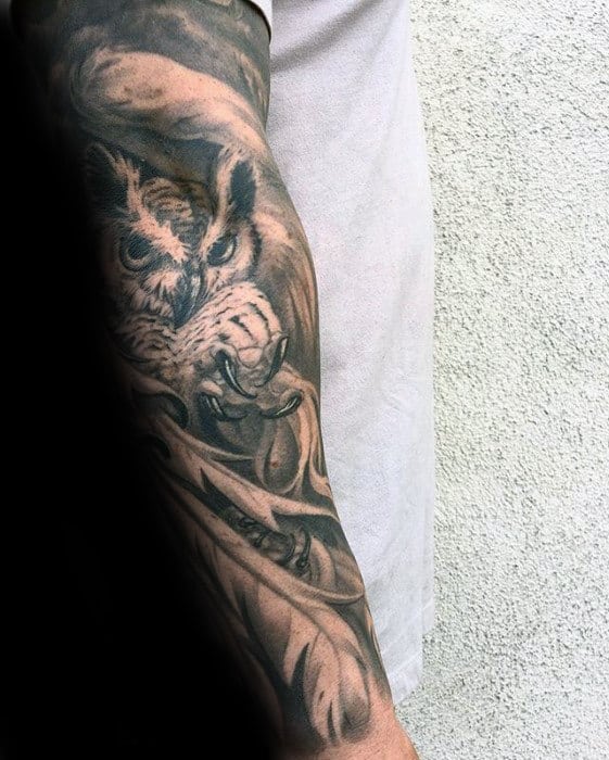 Gentleman With Cool Shaded Black And Grey Owl Tattoo Sleeve