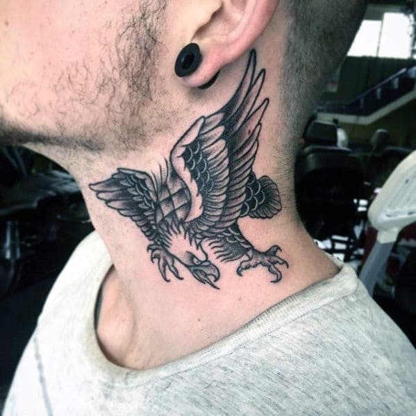 Gentleman With Cool Traditional Neck Flying Eagle Tattoo