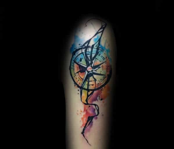 Gentleman With Cool Watercolor Compass Artistic Arm Tattoo Design