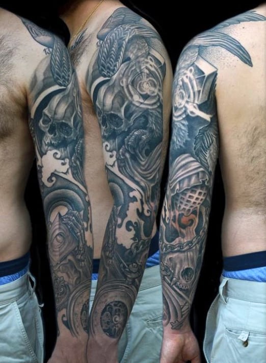 Gentleman With Crazy Skull And Pocket Watch Full Arm Sleeve Tattoo