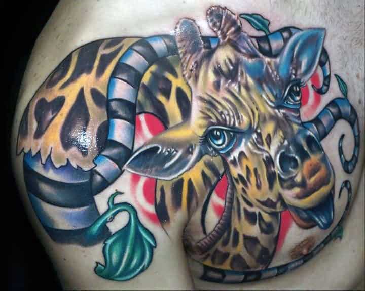 Gentleman With Creative Giraffe Shoulder And Chest Tatoo