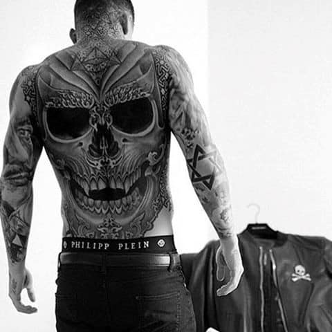 Gentleman With Decorative Skull Cool Back Tattoo