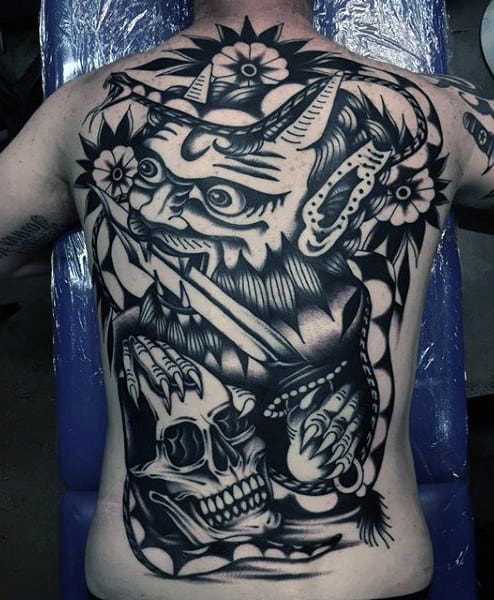 Gentleman With Demon Skull Traditional Tattoo On Back