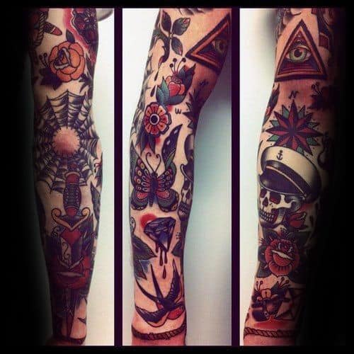 Gentleman With Diamond And Old School Traditional Sleeve Tattoos