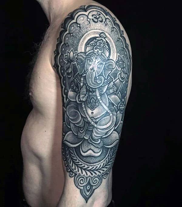 Gentleman With Dotwork Ganesh Half Sleeve Tattoo