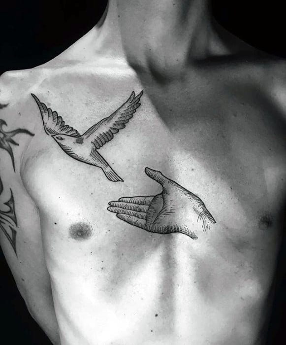 Gentleman With Dove Flying And Hand Chest Sketch Tattoo