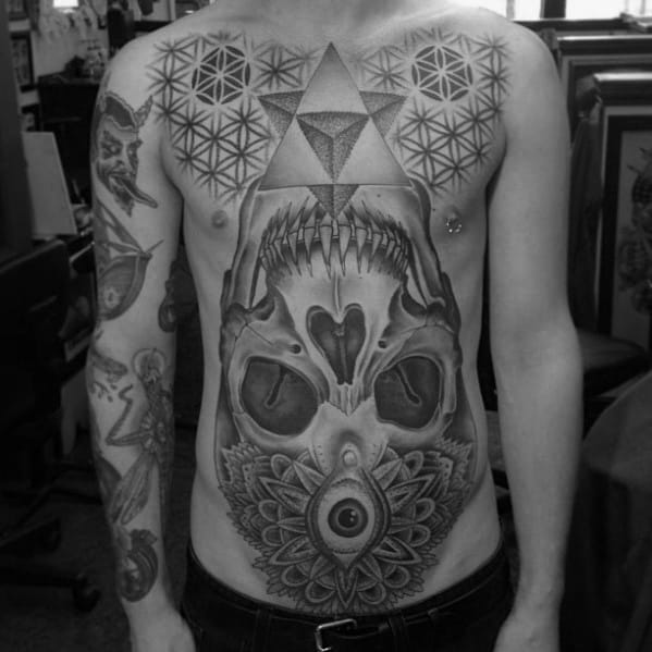 Gentleman With Epic Skull Geometric Chest Tattoo