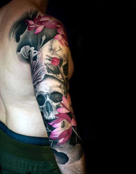Gentleman With Floral Japanese Flower And Skull Half Sleeve Tattoo