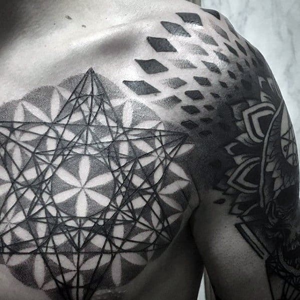 Gentleman With Flower Of Life Geometric Upper Chest Tattoo