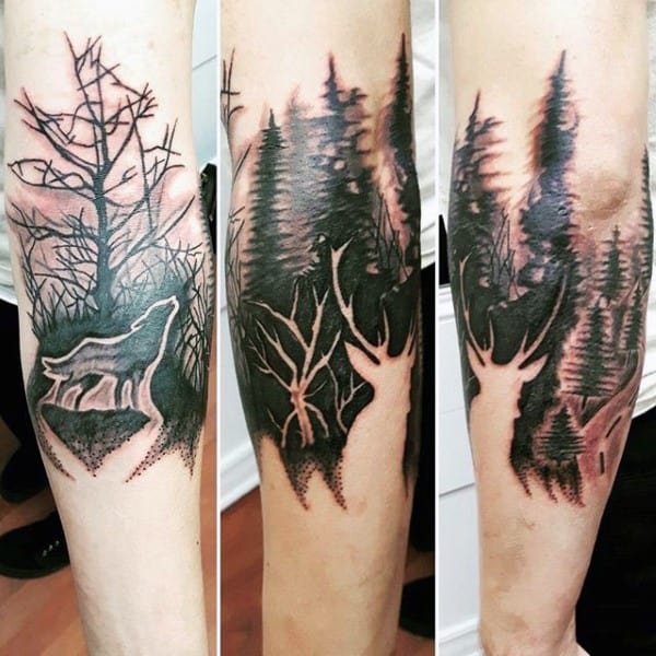 Gentleman With Forest Negative Space Deer Tattoo