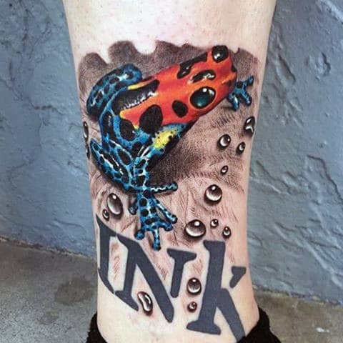 Gentleman With Frog And Realistic Water Droplets Tattoo On Lower Leg