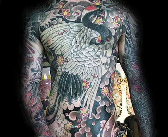 Gentleman With Full Chest Japanese Themed Crane Bird Tattoo