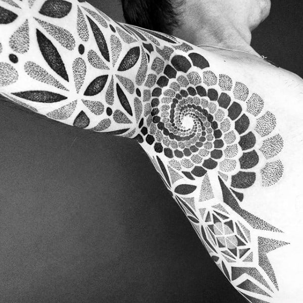 Gentleman With Geometric Arm And Armpit Dotwork Tattoo