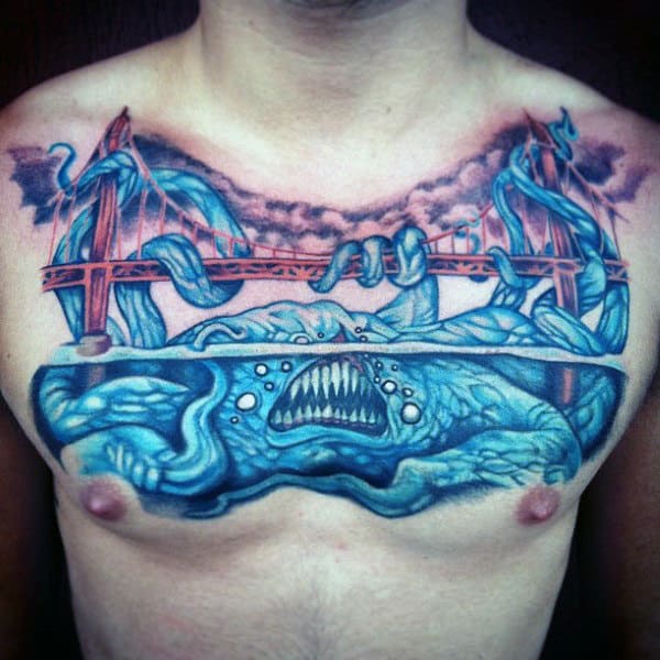 Gentleman With Golden Gate Bridge Sea Monster Chest Tattoo