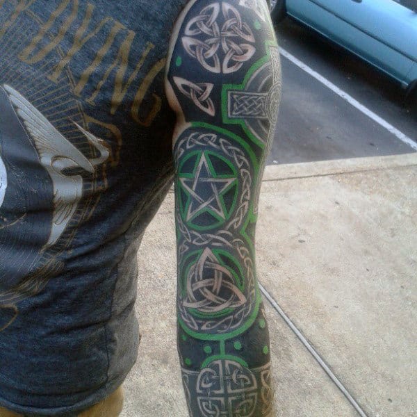 Gentleman With Green And Black Ink Celtic Sleeve Tattoos