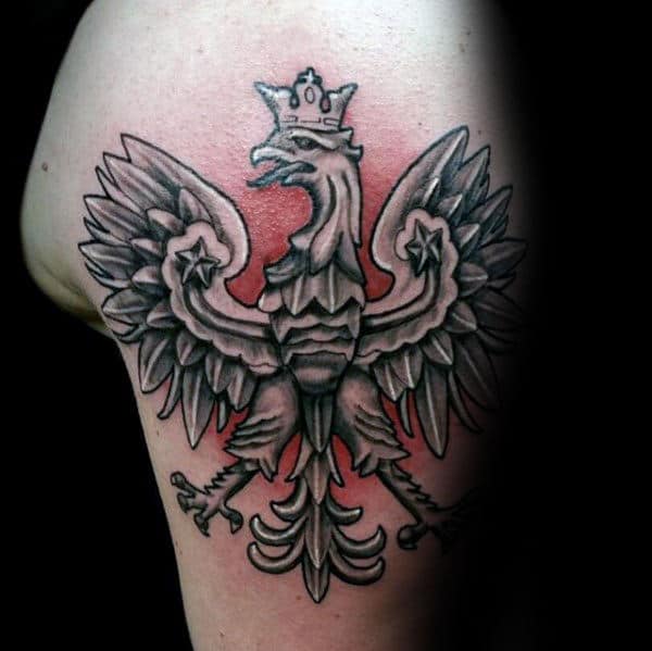 Gentleman With Grey And Red Shaded Polish Eagle Arm Tattoo