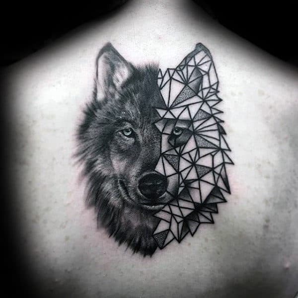 Gentleman With Half Geometric Wolf Back Tattoo